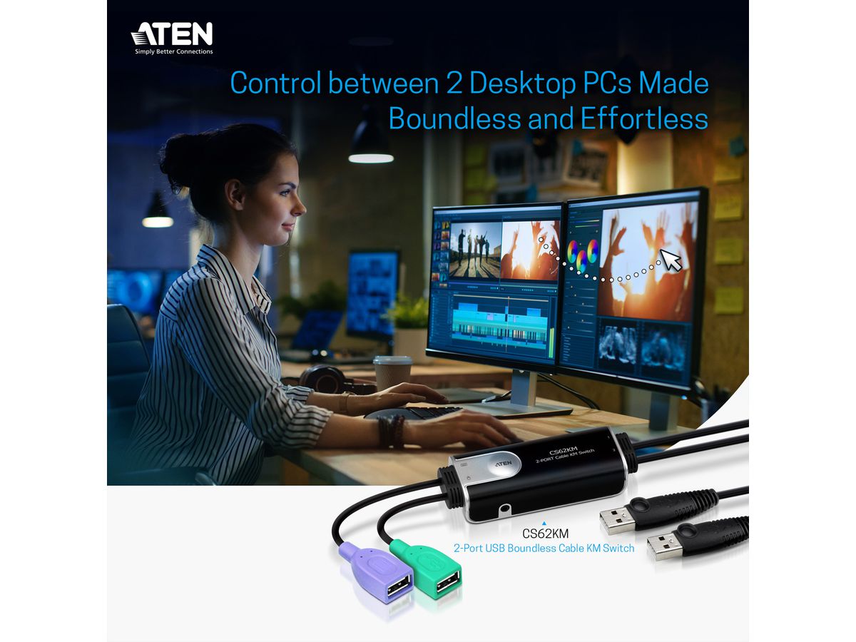 ATEN CS62KM Commutateur KM Câble Boundless USB à 2 ports