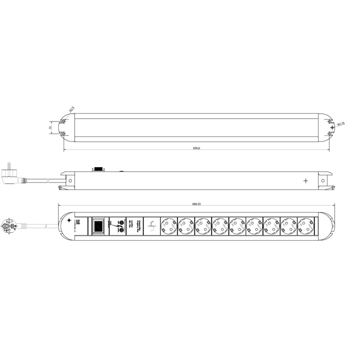 BACHMANN Multiprise Primo 9x protection totale appareil et interrupteur, Chargeur USB 60W 1xABD 0,2m GST18 INOX, 1,75 m