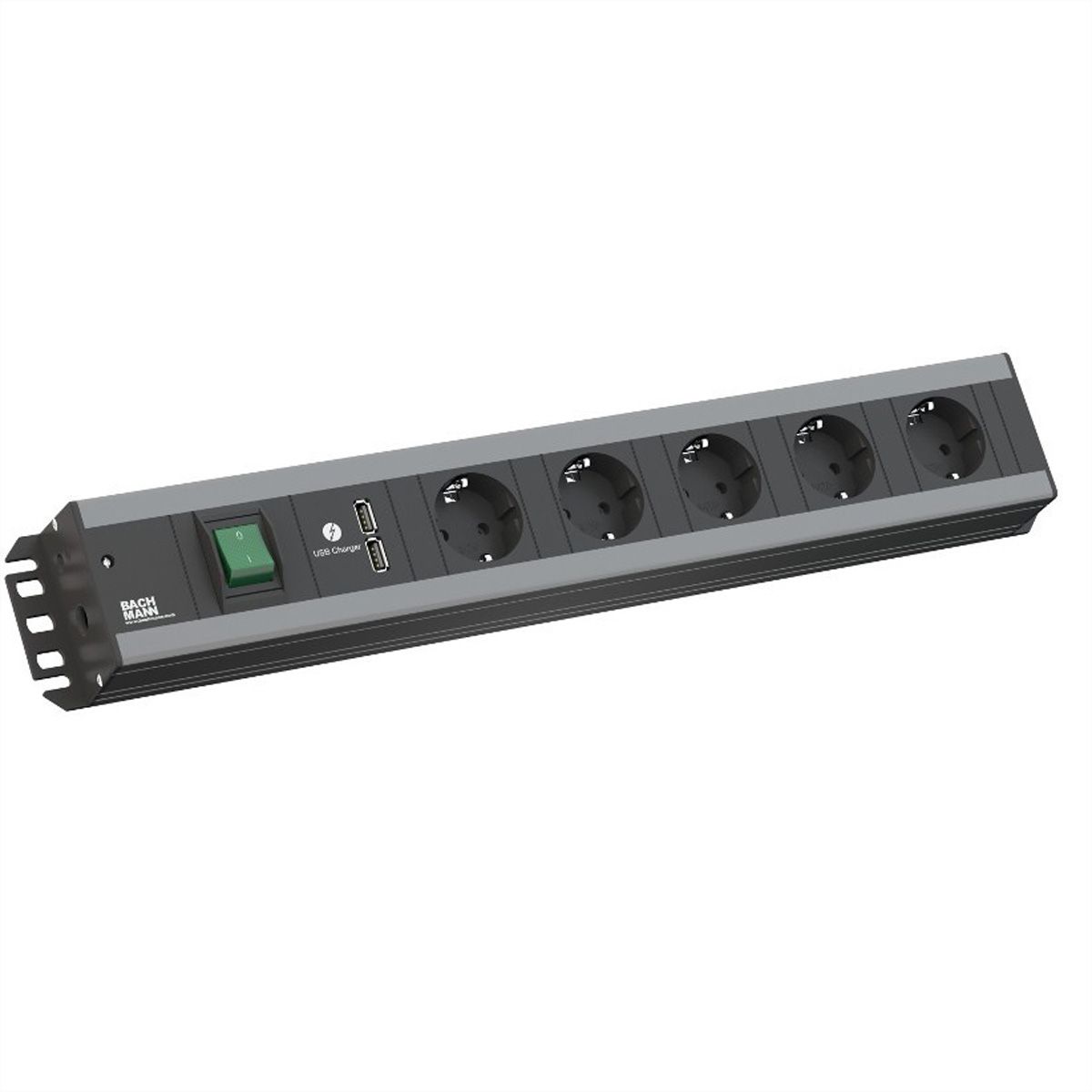 BACHMANN Handwerkerleiste, 5x Schutzkontakt, Schalter, 2x USB-Charger, 19-Zoll-Rack kompatibel, 2 m