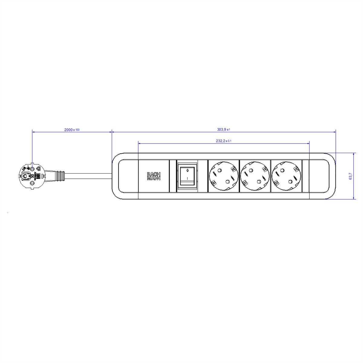 BACHMANN PRIMO 2 3xCEE7/3 1xSchalter 2,0m CEE7/7 RAL5010