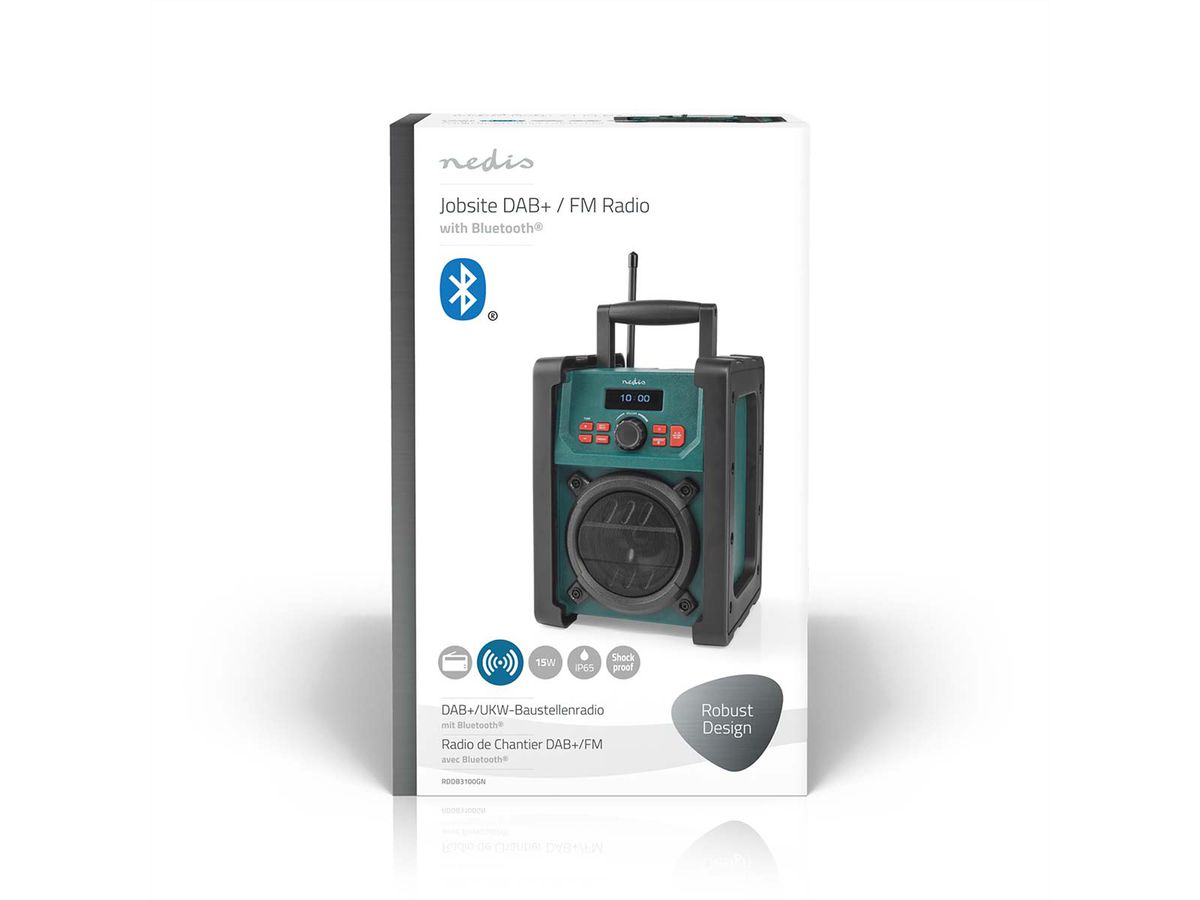 Radio de chantier Nedis DAB FM Bluetooth IP65 avec poignée.