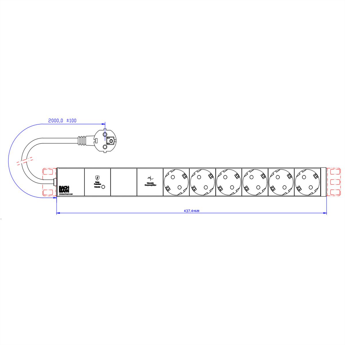 BACHMANN 19" 1UH VM 6xCEE7/3 1xGVS-Plus 2,0m CEE7/7