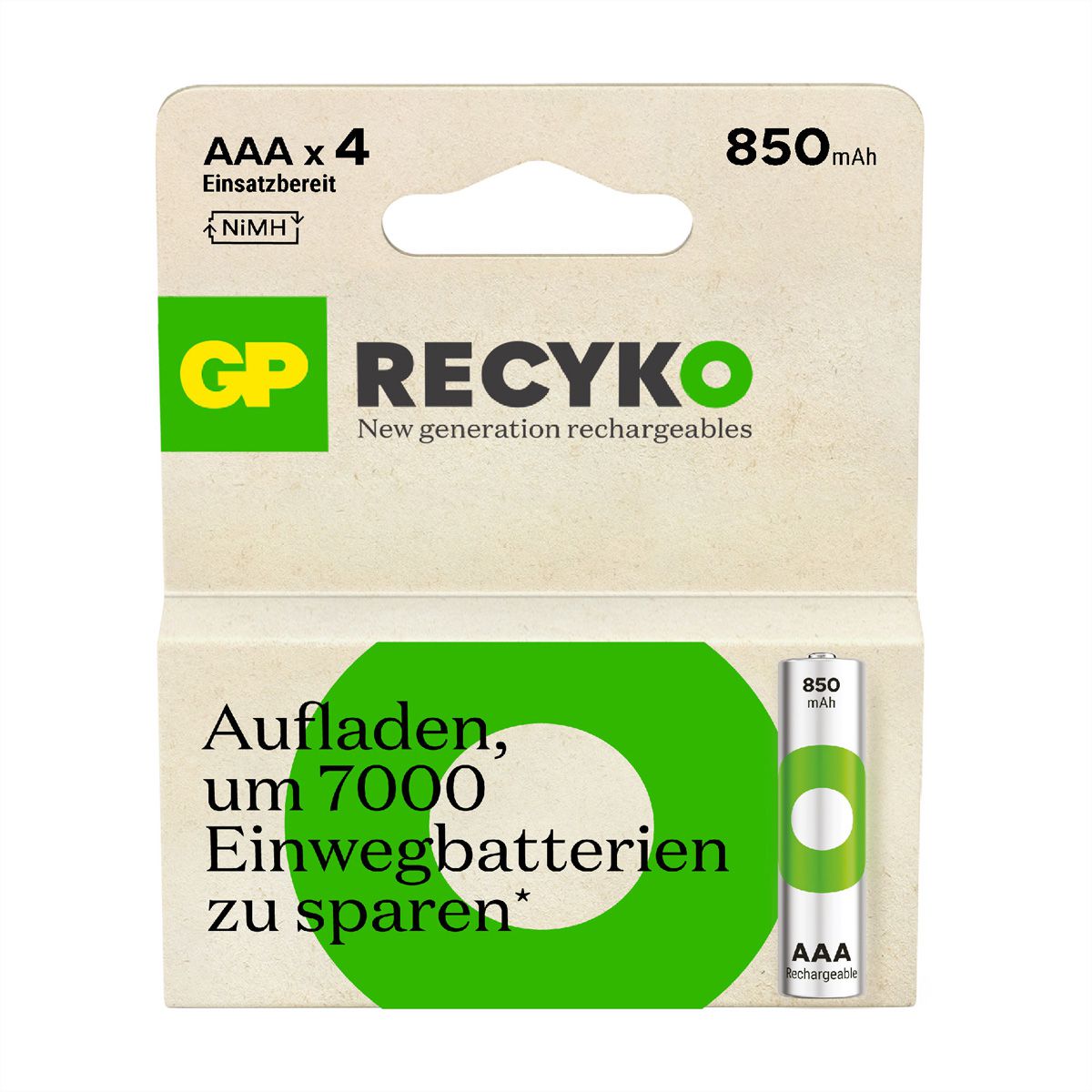 GP Batteries Recyko+, Akku 4xAAA, 850 mAh, 1,2 V