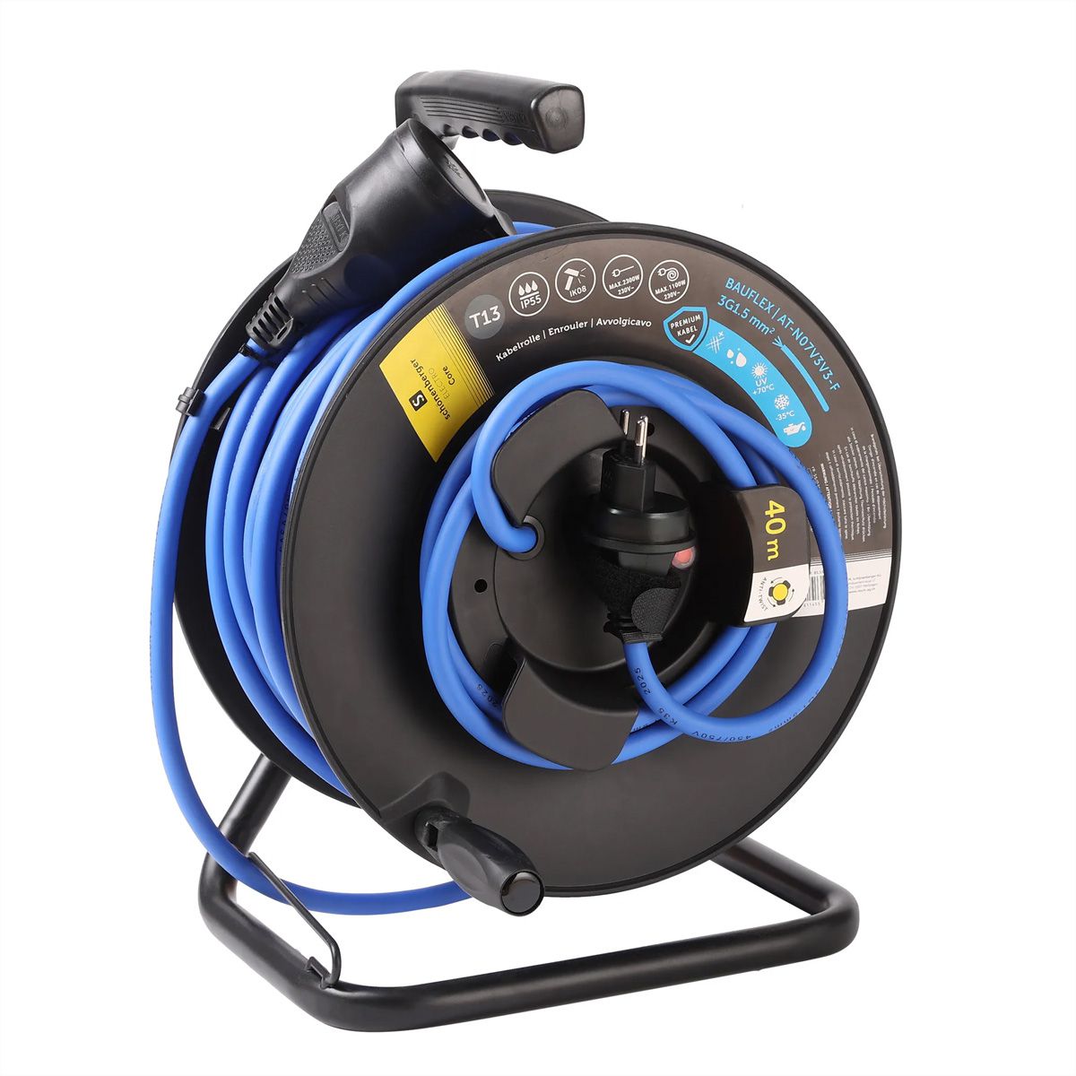 Kabelrolle Antitwist T13 IP55 40m, BAUFLEX N07V3V3-F 3G1.5mm2 IK08, schwarz / blau