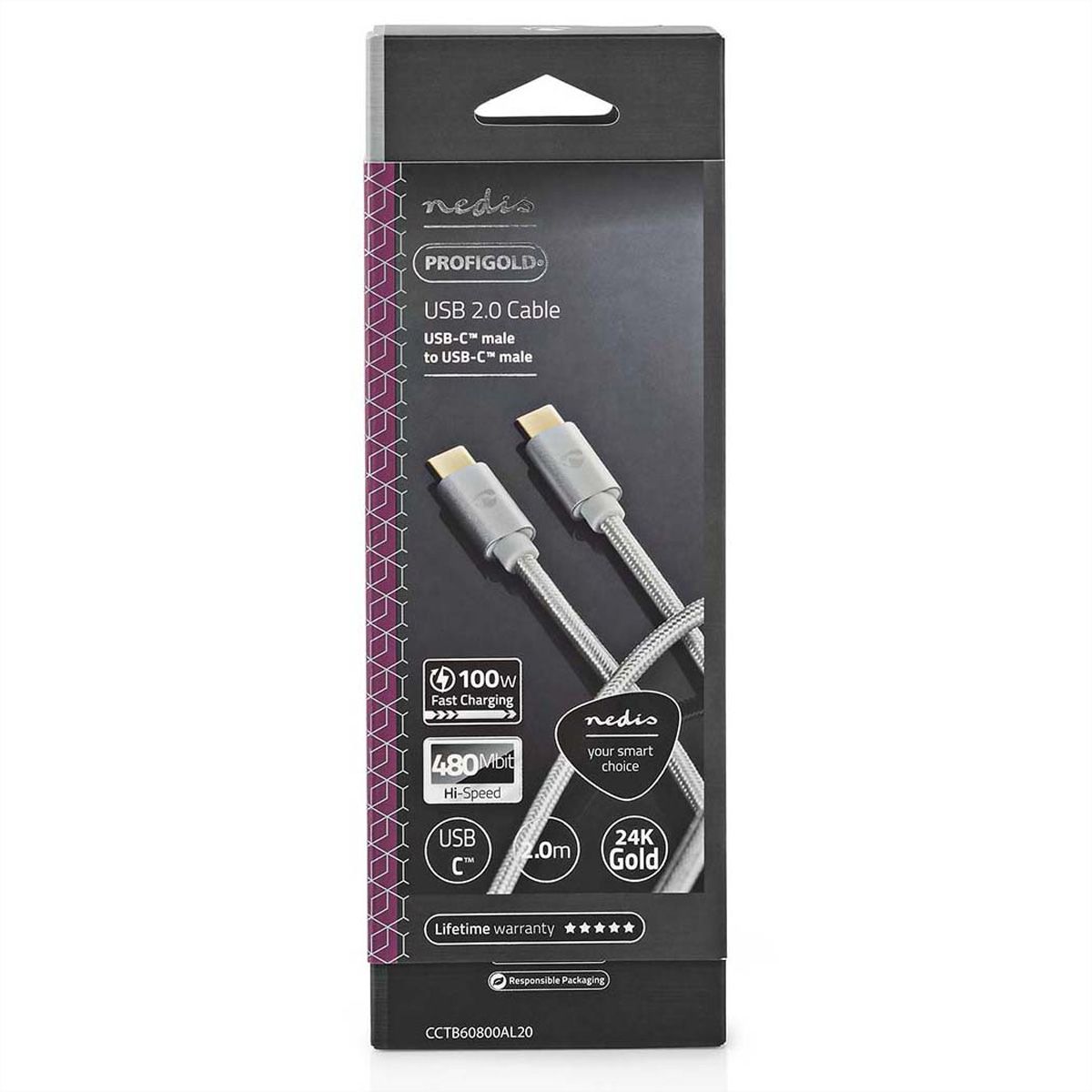 Nedis Câble USB 2.0, Type C-C, M/M, 100W, argent, 2m