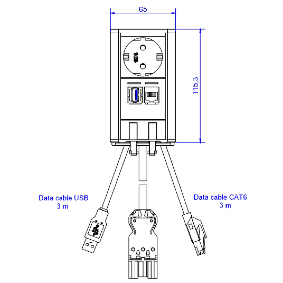 BACHMANN ELEVATOR 1x contact de protection, 1x CAT6, 1x USB 3.0, argent