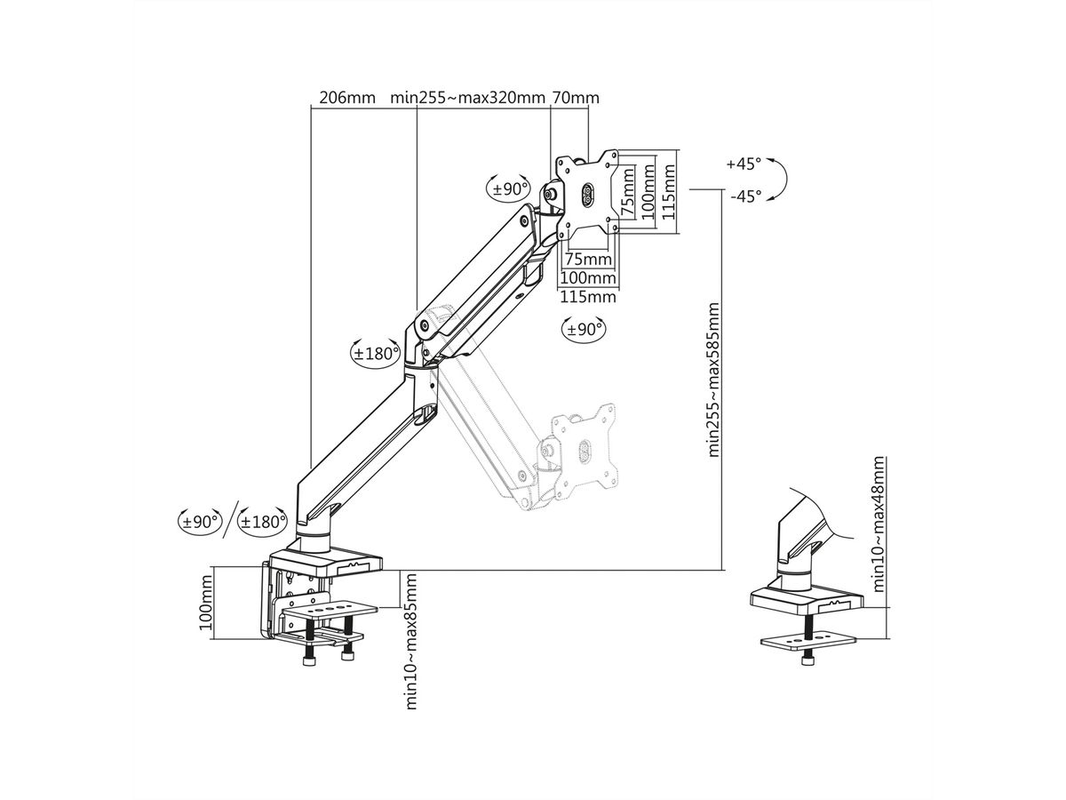 ROLINE LCD-Arm, Tischmontage, Gasfeder, 5 Gelenke, bis 15 kg