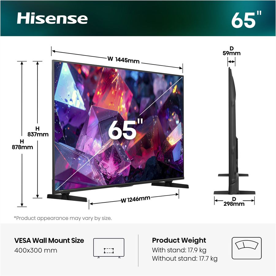 Hisense TV 65E7S PRO 65", QLED 4K, 144Hz, 350 Nits