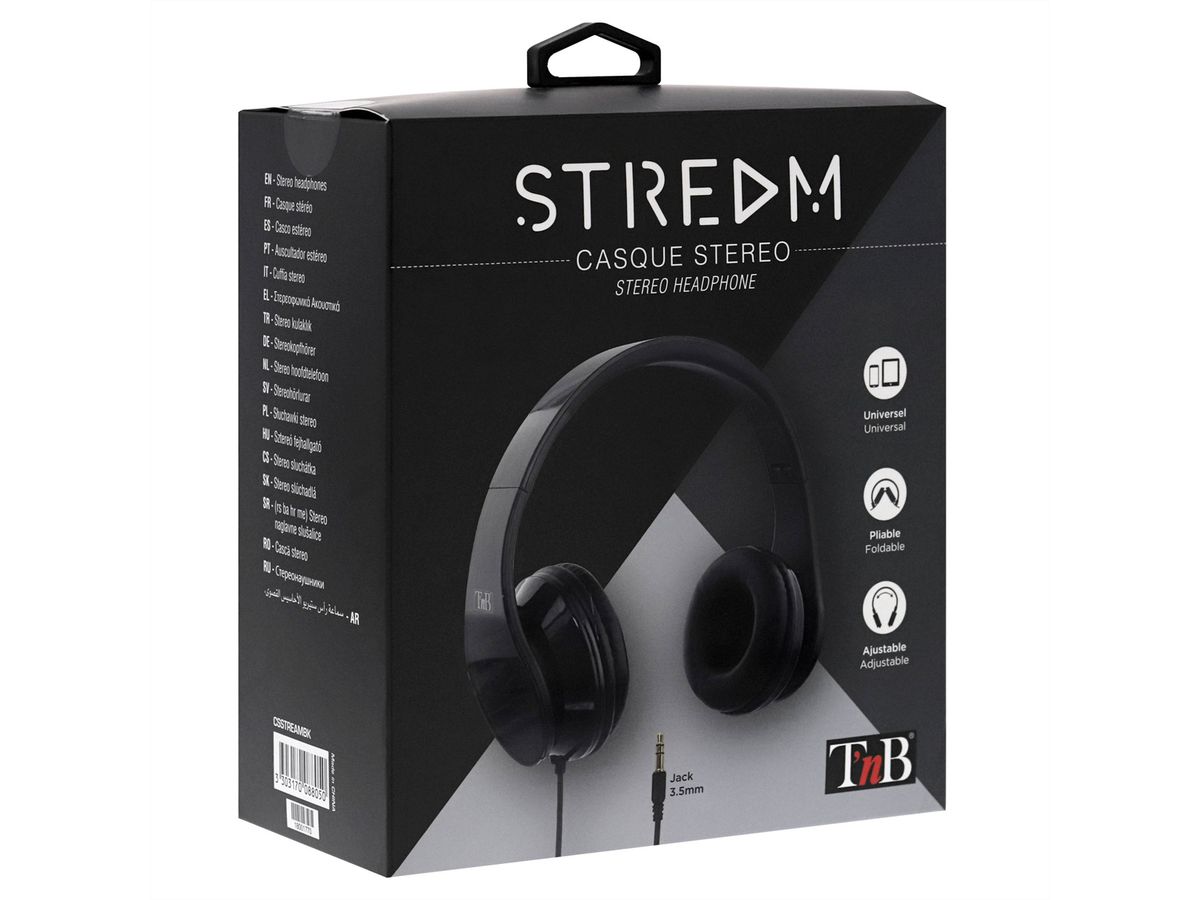 T'nB STREAM Kopfhörer, mit Kabel, schwarz, faltbar, 20-20000 HZ, 3.5mm Jack