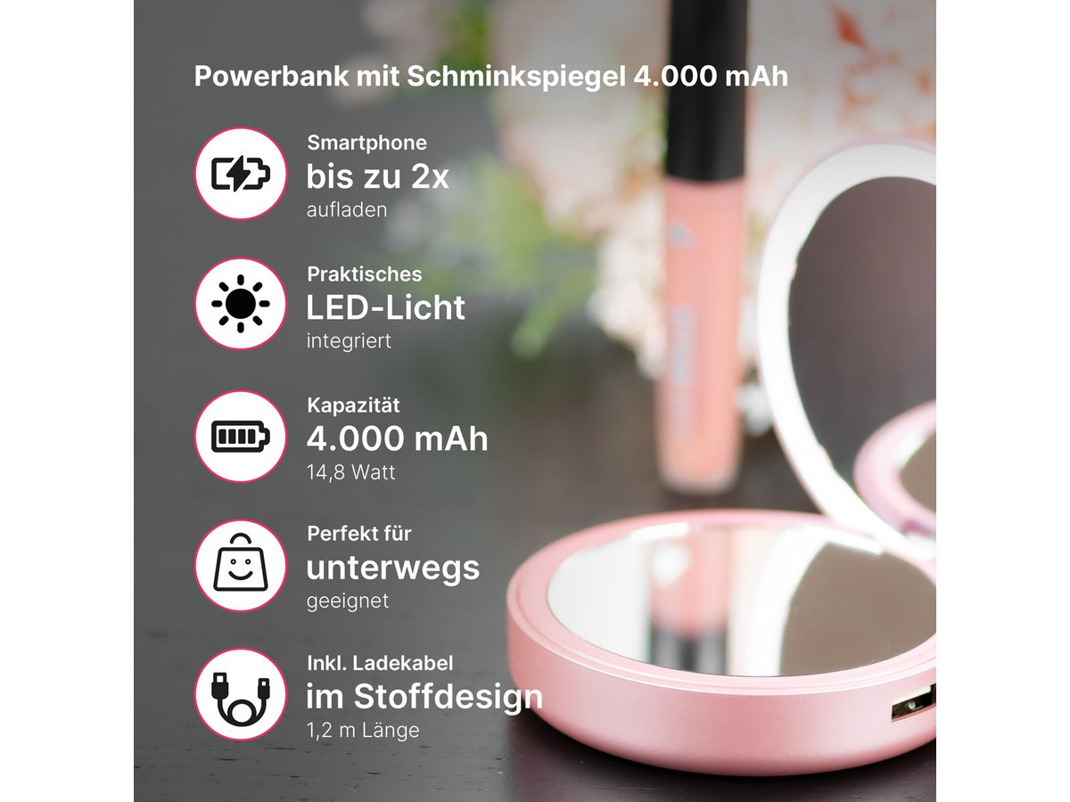 Lotta Power Schminkspiegel Powerbank pink 4.000 mAh