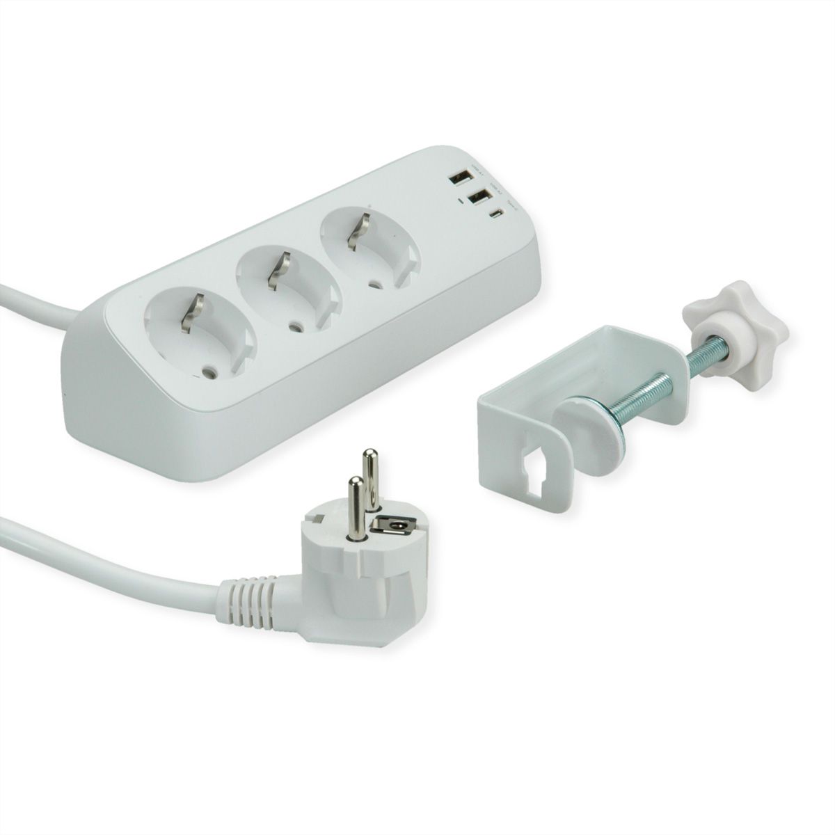 VALUE Tisch-Steckdosenleiste, 3fach mit Tisch-Klemme, inkl. USB-Charger (2x USB-A, 1x USB-C), 1,5 m
