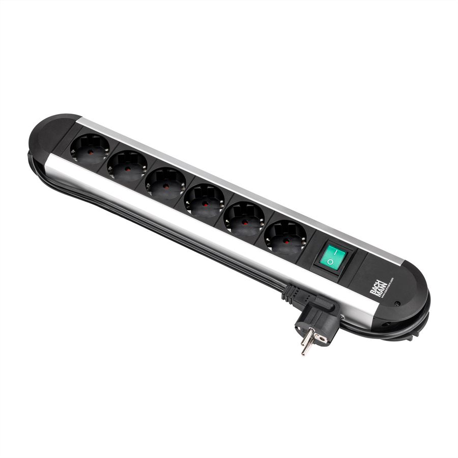 BACHMANN PRIMO Bâti de prises 6x contact de protection, aluminium, avec interrupteur, 1,75 m