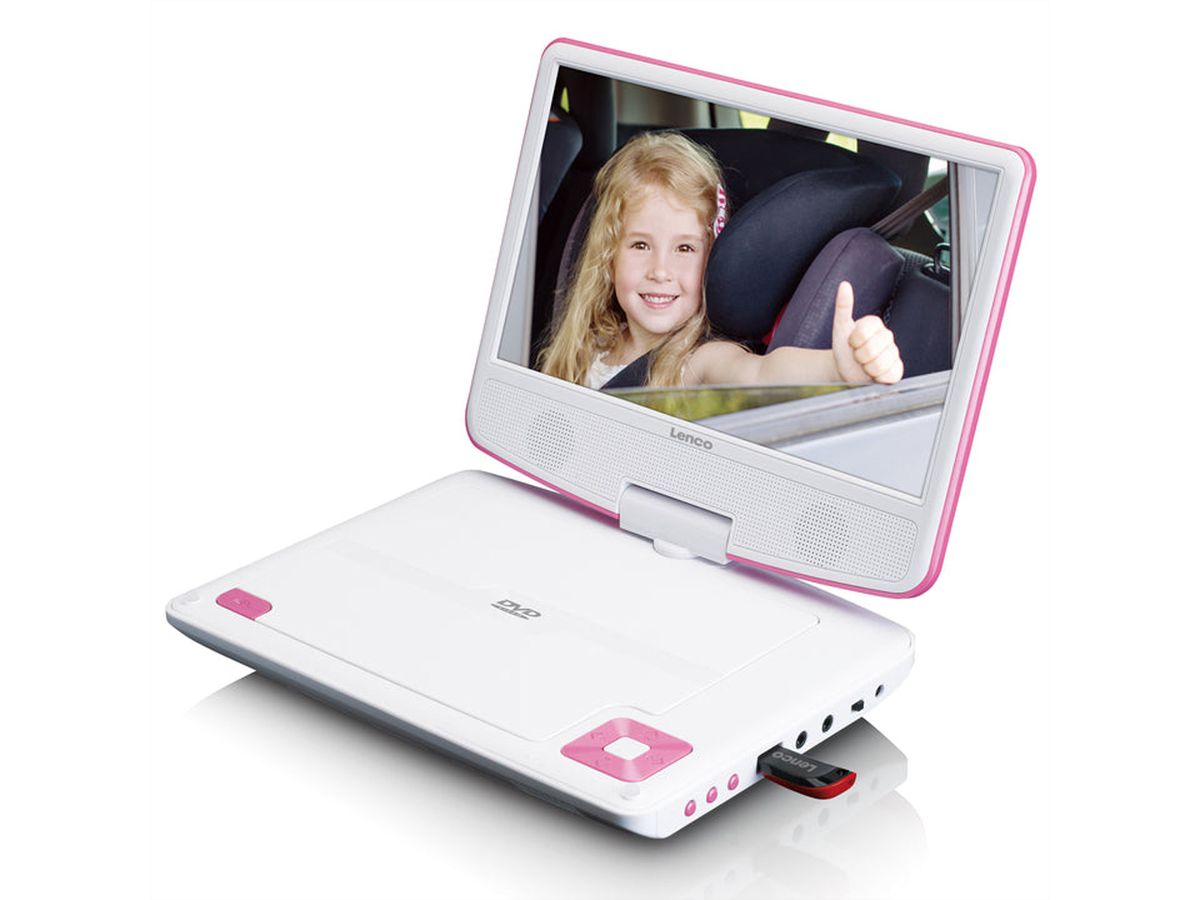 Lenco Portabler DVD player DVP-910PK, pink, mit Halterung