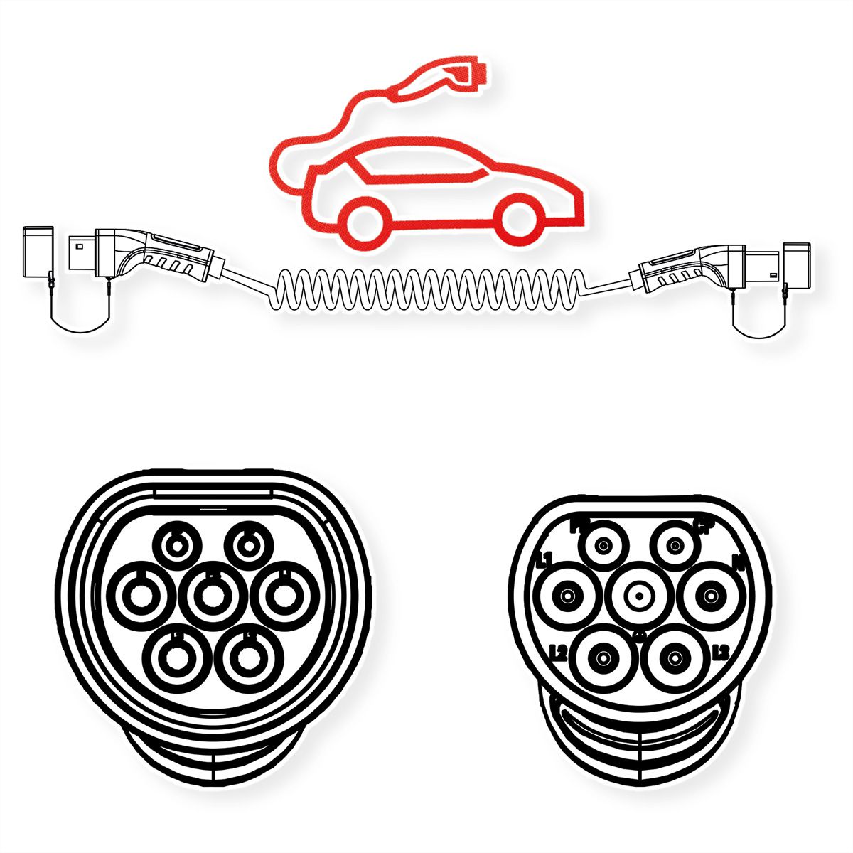 ROLINE Câble de recharge VE type2, 3-Phases, 480VAC (3P+N+E), 16 A, 11 kW, spirale (max. 2m)