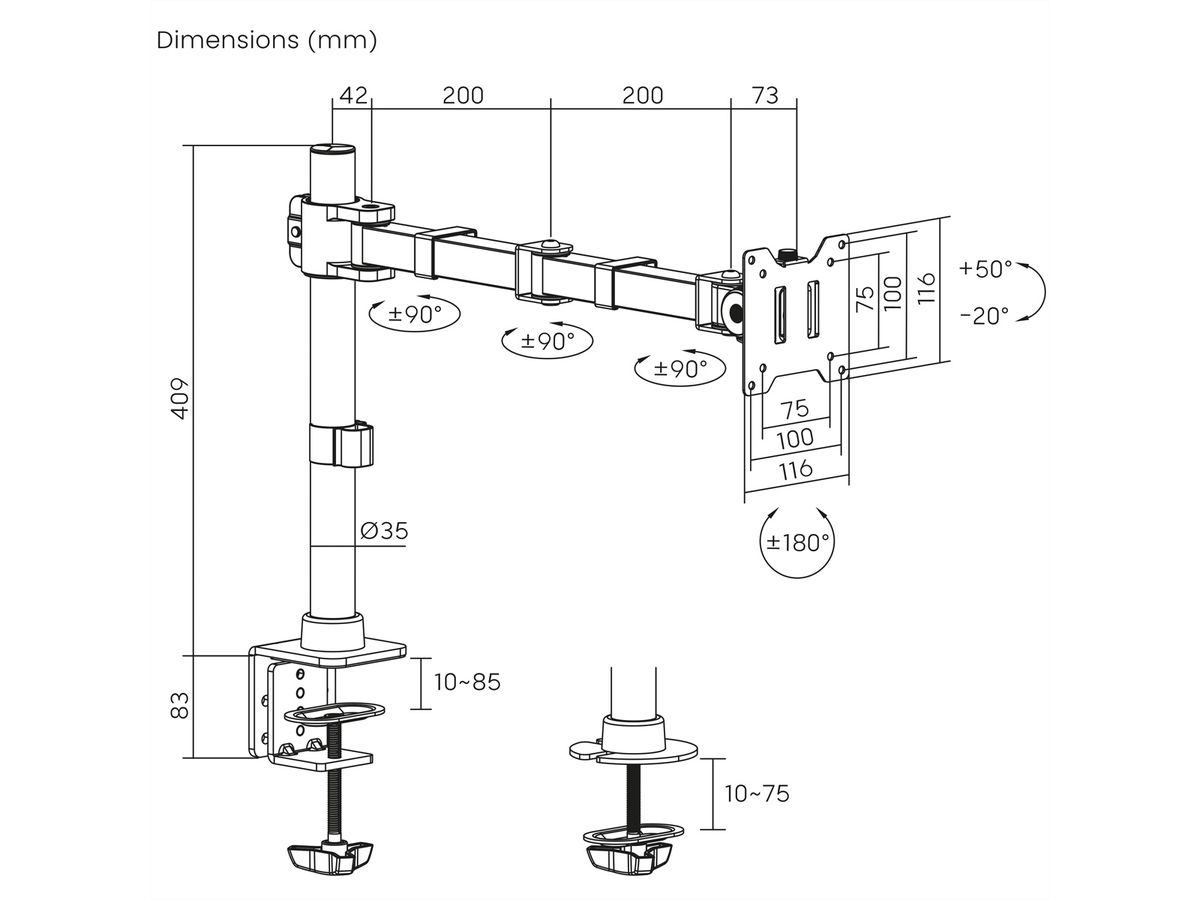 VALUE Support LCD lourd, montage sur bureau, 4 articulations, jusqu'à 20 kg