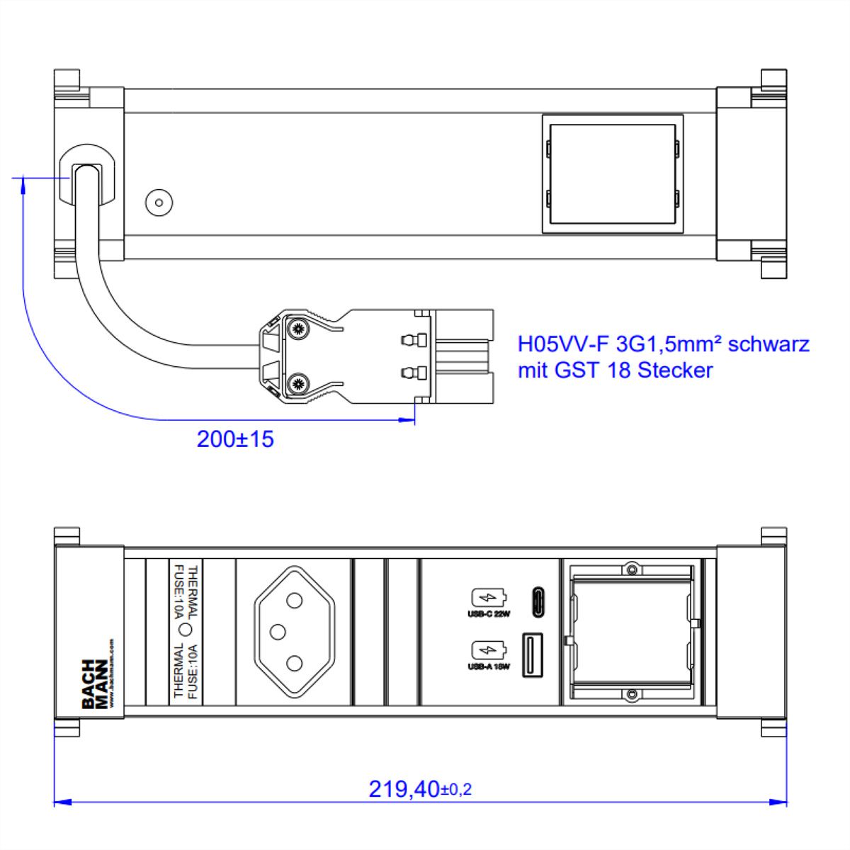 BACHMANN POWER FRAME S 1xCH 1xCM, 1xUSB A&C 22W 0,2m GST18 Schweiz