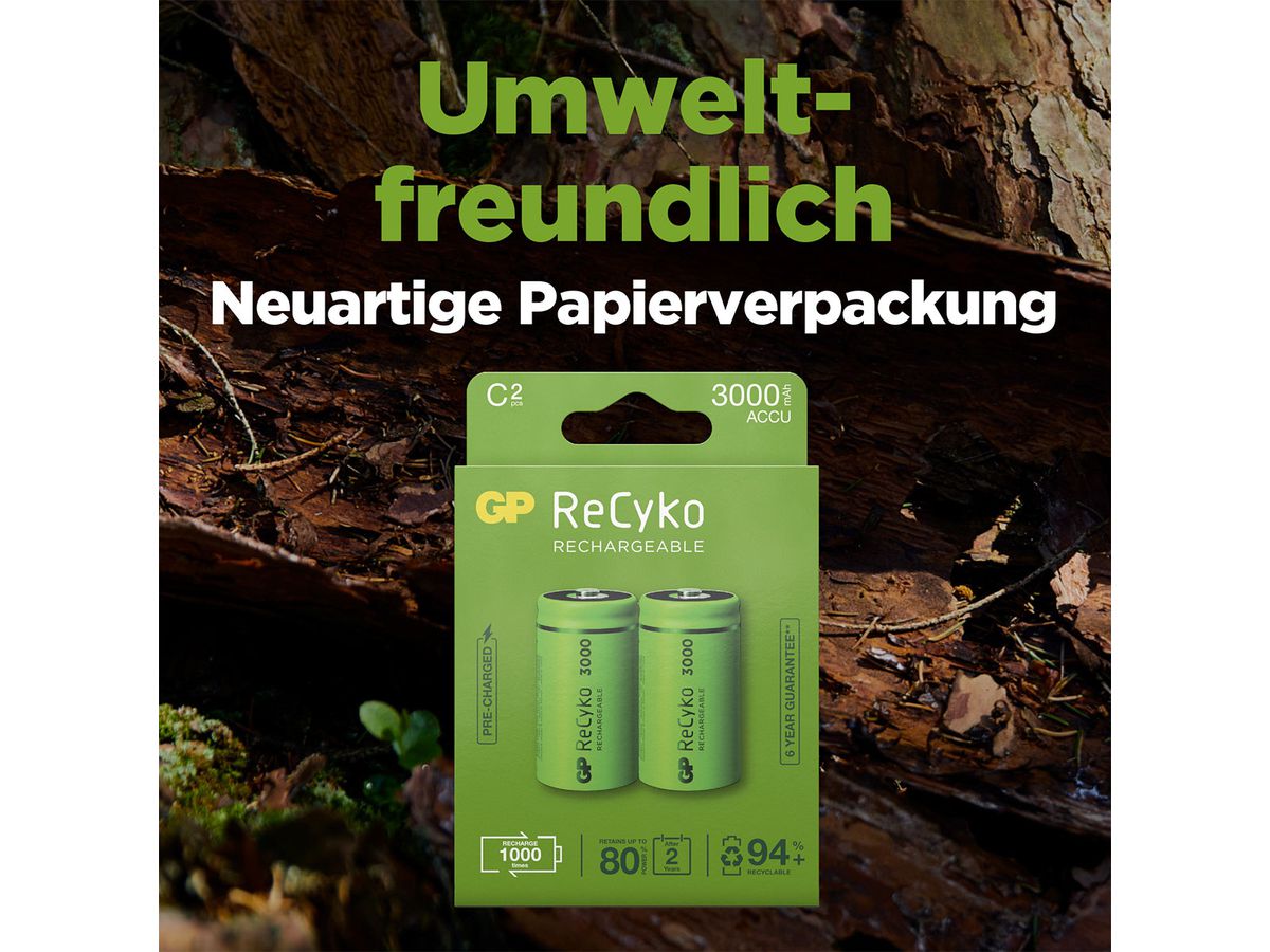 GP Batteries RECYKO+, HR14, 2x C, Akkus, NiMH, 3000mAh