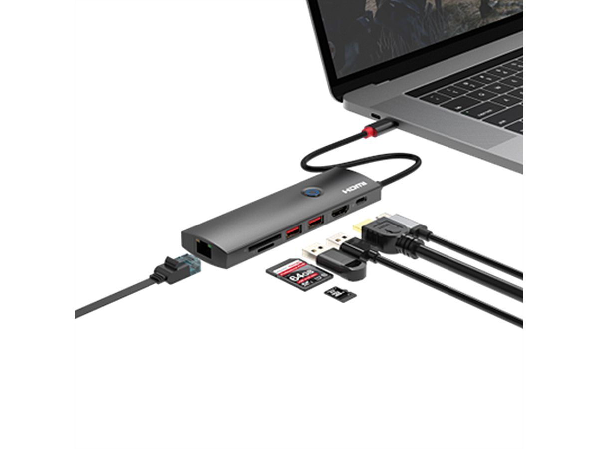 ROLINE USB 3.2 Gen2 Typ C Multiport Dockingstation, HDMI 4K60, USB 3.2 Gen2, USB-C PD, LAN, SD-Card Reader