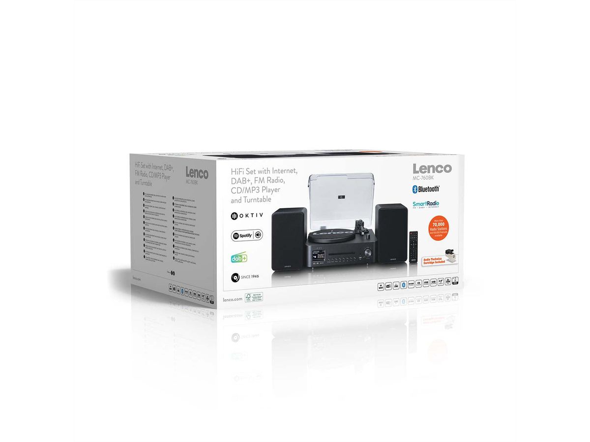 Lenco MC-760BK - Hi-Fi-Stereoanlage mit Plattenspieler und Lautsprechern, Internetradio, DAB+, FM, Bluetooth®, CD/MP3-Player - Schwarz