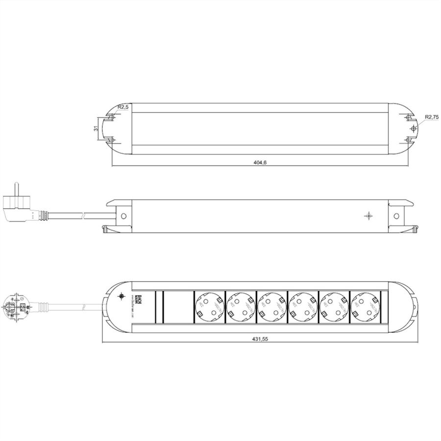 BACHMANN PRIMO Bâti de prises 6x contact de protection, aluminium, 1,75 m