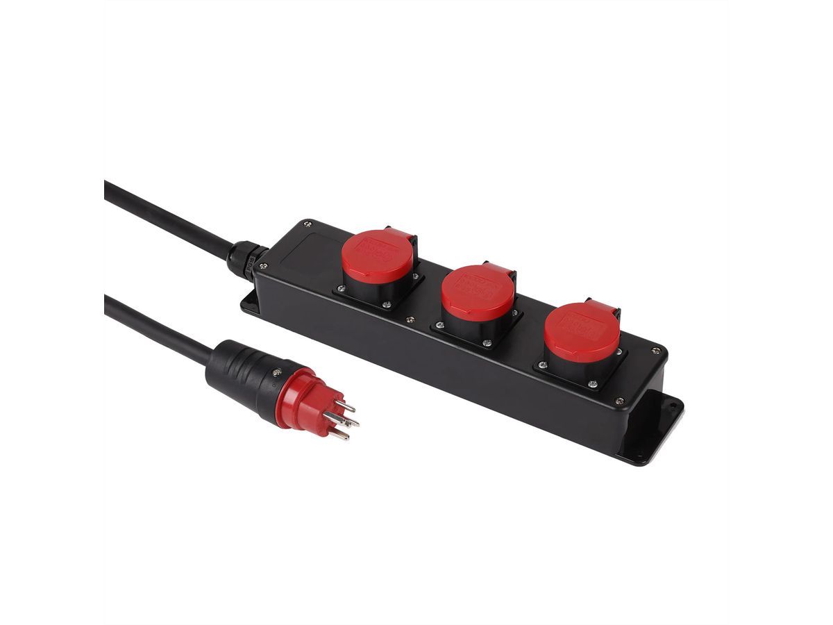 Multiprise en plastique 3xT25 IP55  , avec câble de 3 m H07RN-F 5G2,5 mm2  , noir