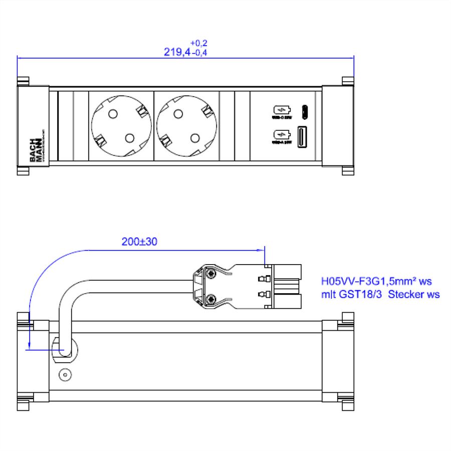 BACHMANN POWER FRAME 2xCEE7/3 1xUSB A/C 22W 0,2m GST18