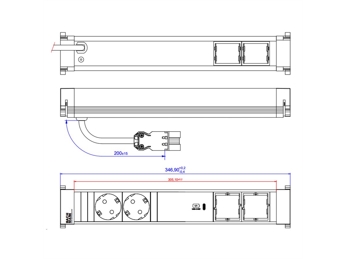 BACHMANN POWER FRAME 2xCEE7/3, 1xUSB C Charger 60W 2xCM 0,2m GST18