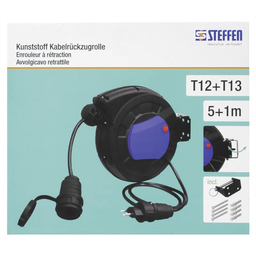 Steffen matière plastique Enrouleur de câble 5 m, 3x1.5mm2, 1xT13 avec connecteur T12 1m