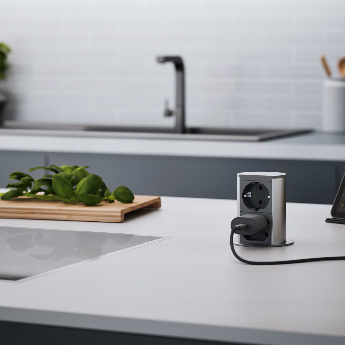 BACHMANN Elevator 1xCEE7/3 2xEuro, silberfarben, 2 m