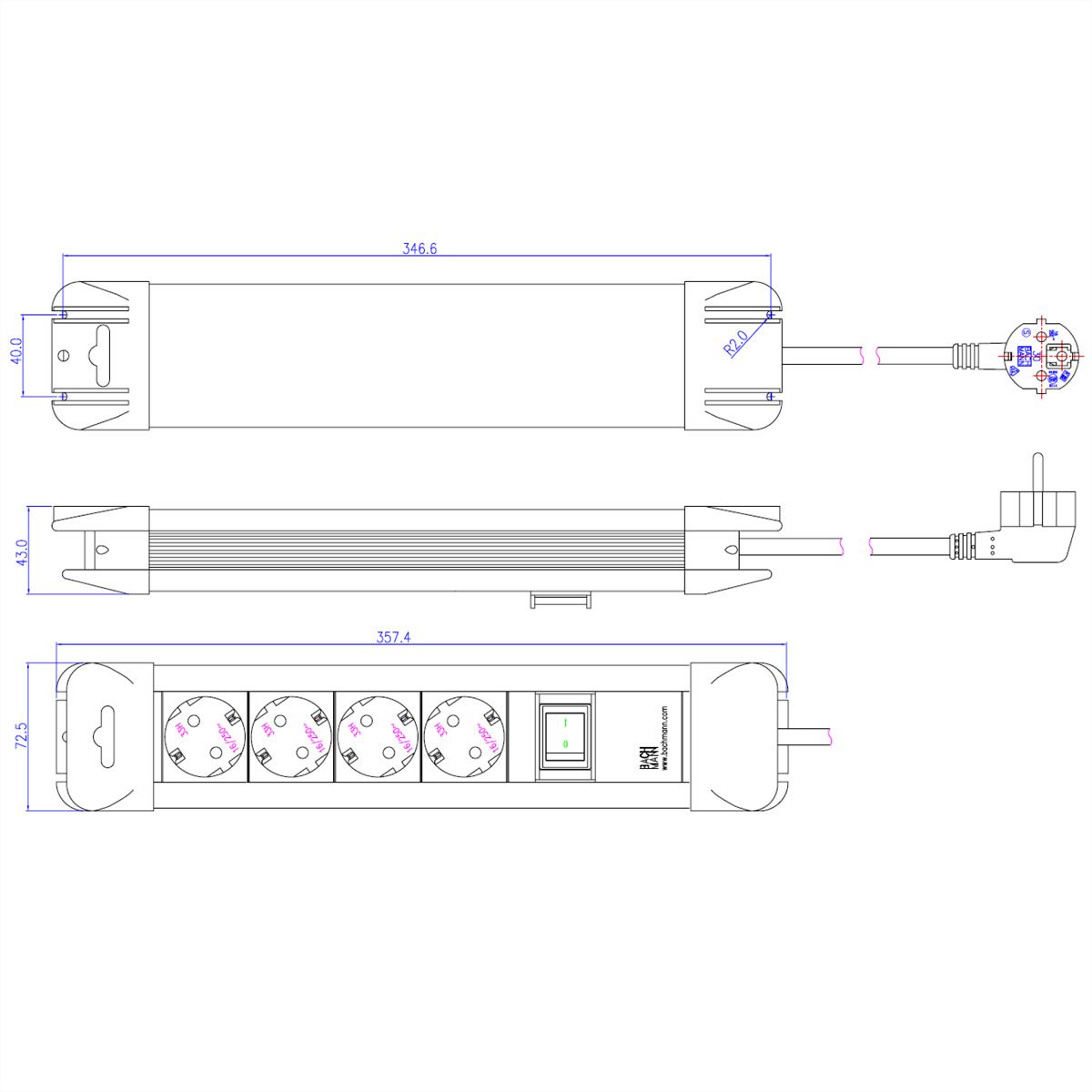 BACHMANN CONNECTUS Steckdosenleiste 4x Schutzkontakt, Kunststoff, mit Schalter, 2 m