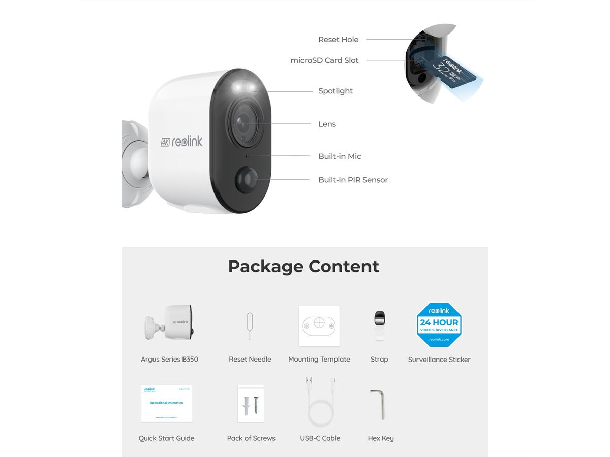 Reolink B350 Outdoor IP-Camera, 8 MP, 105°, IR-LED 10m,WiFi,Phare