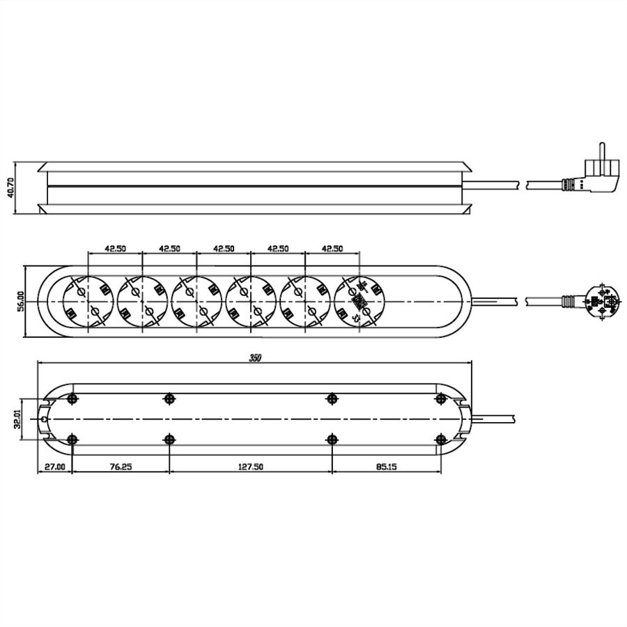 BACHMANN Prise multiple, 6x sans interrupteur, noir, 3 m
