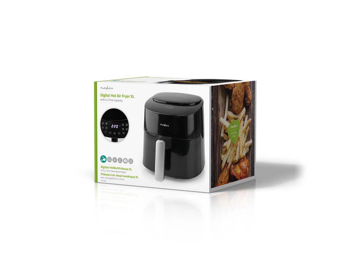 Friteuse à air chaud Nedis XL, 4,2 l, 1300 W, numérique, 8 programmes, , noir