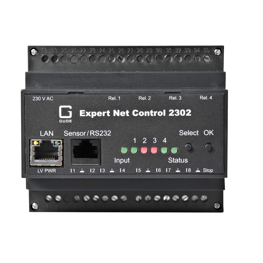 GUDE 2302-1 EPC NET 4x RelaisOut, 8 entrées, 1 port capteur, rail DIN