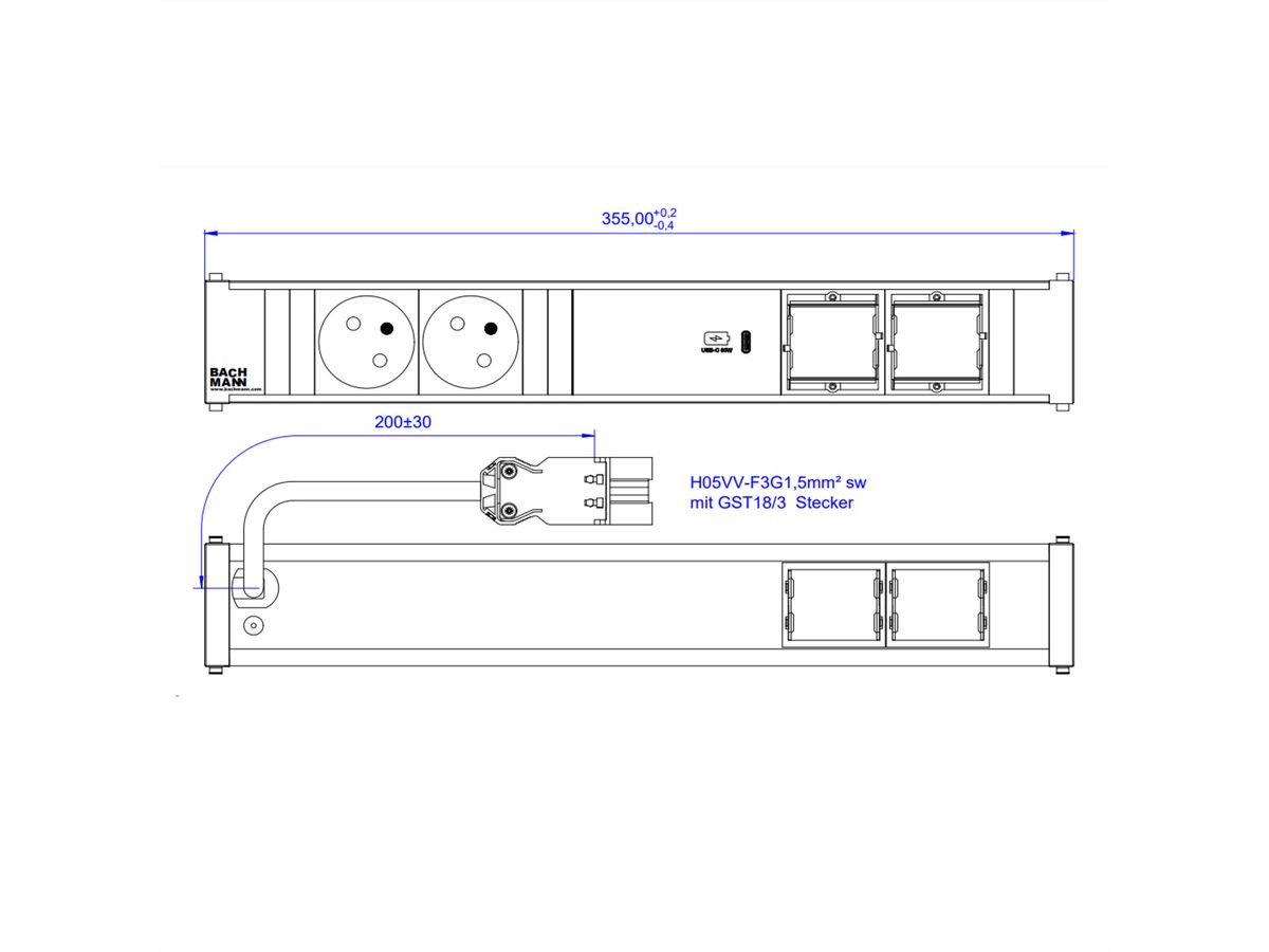 BACHMANN CONI 2xUTE 1xUSB C 60W 2xCM 0,2m GST18