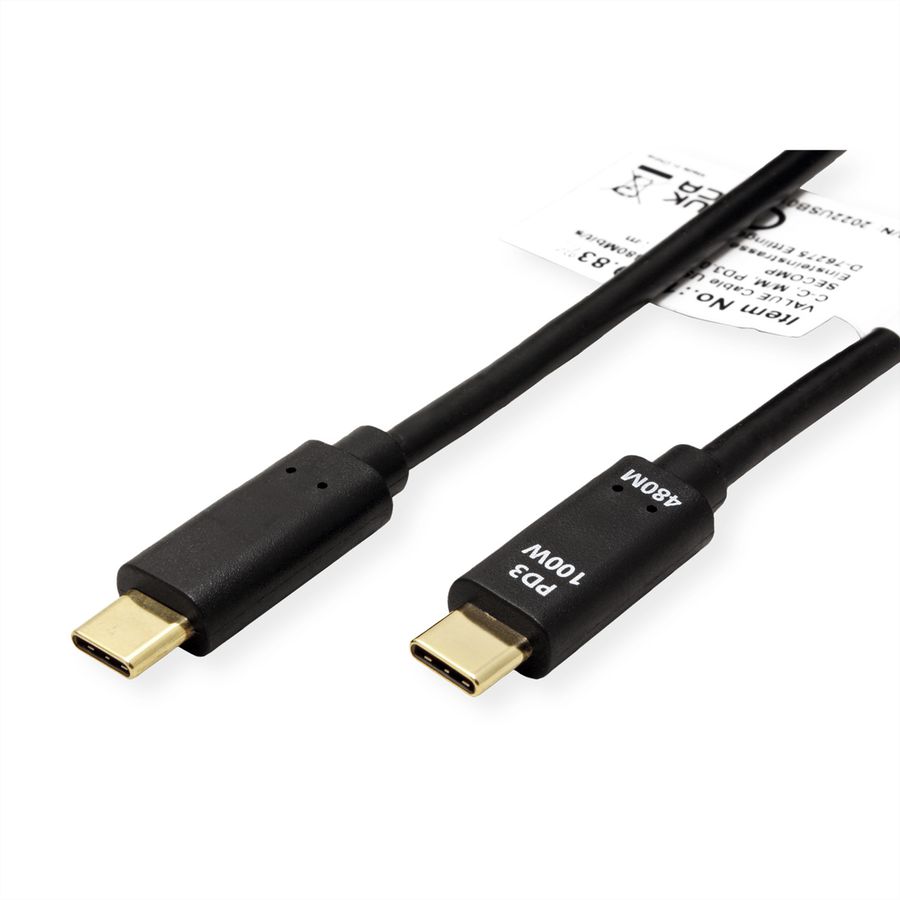 VALUE Câble USB 2.0, C–C, M/M, 100W, noir, 3 m