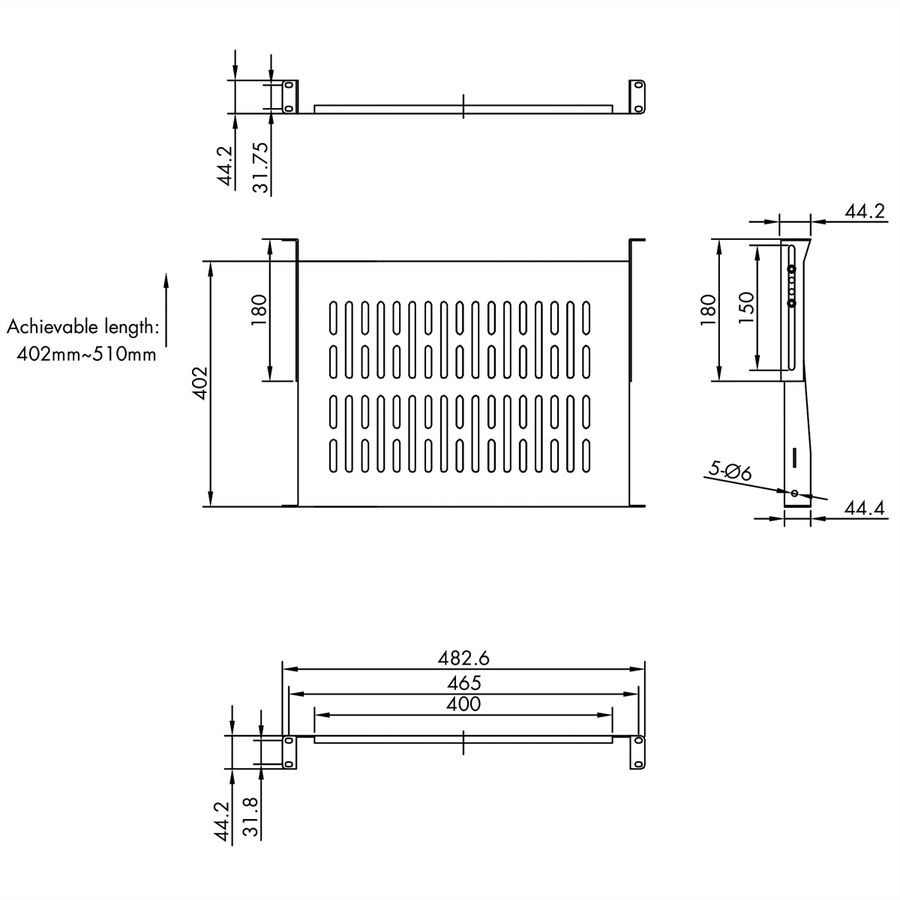 VALUE 19-Zoll-Geräteträger 1 HE, T: 400mm, max. 25 kg, U-Form, schwarz